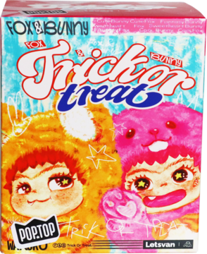 Opakowanie FOX & BUNNY Trick or Treat z ilustracją dzieci w strojach lisa i królika. Dominują kolory różowy i pomarańczowy.