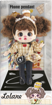 Kolekcjonerska lalka Lolane phone pendant z kręconymi włosami, w beżową kratkę, w przezroczystym pudełku.