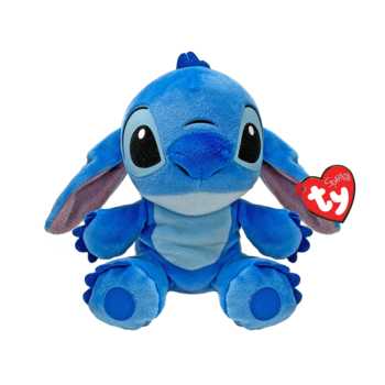 Niebieska maskotka Stitch Ty Beanie Boos z Lilo i Stitch, pluszowa, siedząca, z czerwonym tagiem na uchu.