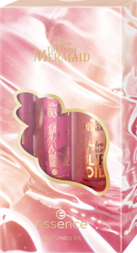 Essence Disney The Little Mermaid Lip Combo Kit, widok z przodu. Różowo-złote pudełko, okienko w kształcie muszli, widoczny olejek Hydra Kiss.