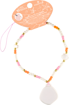 Bransoletka Essence Disney The Little Mermaid z perłowymi, różowymi i pomarańczowymi koralikami, z białą muszlą. Widok z przodu.