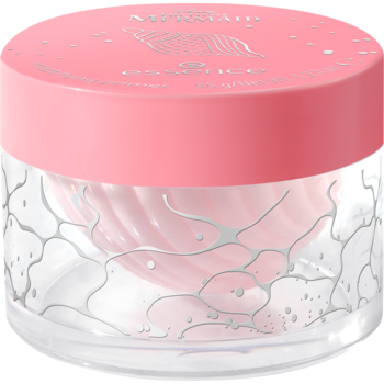 Różowa maska do ust Essence Mermaid w okrągłym, transparentnym słoiczku z srebrzystym, wodnym wzorem. Widok z góry.