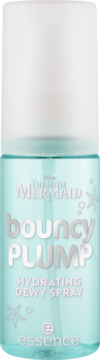 Essence Disney The Little Mermaid Bouncy Plump Hydrating Dewy Spray, turkusowa butelka z perłowymi napisami, przód.