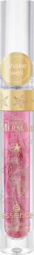 Essence Disney The Little Mermaid pink liquid glow in clear bottle, gold 'shake well' sticker, star accents, front view.