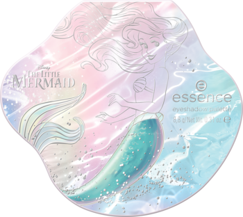 Paletka cieni Essence The Little Mermaid. Iryzujące opakowanie z Arielką i brokatem na pastelowym tle.
