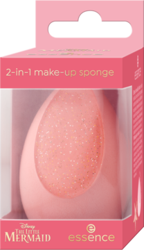 Różowa gąbka Essence 2-w-1 Disney The Little Mermaid w pudełku, z brokatowym środkiem. Widok z przodu.