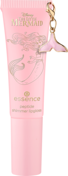 Front Essence Disney The Little Mermaid peptide shimmer lipgloss, różowa tubka z Ariel i złotym charmsem ogona syreny.