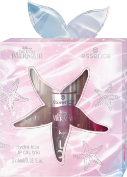 Zestaw essence Disney The Little Mermaid z 3 olejkami do ust hydra kiss w różowym pudełku z rozgwiazdą.