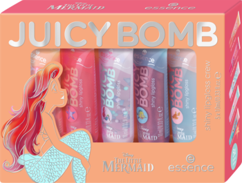 Essence Juicy Bomb The Little Mermaid. Zestaw 5 błyszczyków w koralowym pudełku z Ariel.