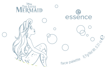 Pale blue line art logo with sitting mermaid, bubbles, and text 'The MERMAID essence cosmetic laboratories' on black. Dotted yellow detail on tail.