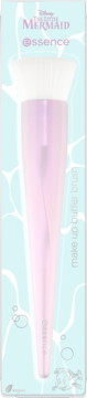 Różowy pędzel do makijażu Essence The Little Mermaid typu puffer, z białym włosiem, w niebieskim opakowaniu.