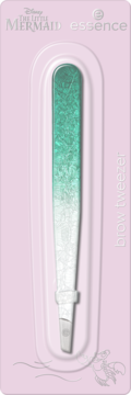 Brow tweezers Essence Disney The Little Mermaid w różowym opakowaniu. Zielono-białe ombre z błyszczącą fakturą.