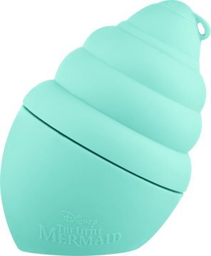Turkusowy, matowy produkt Disney The Little Mermaid w kształcie muszli, widok z boku, spiralne żłobienia.