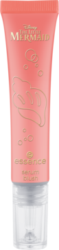 Koralowy serum blush Essence Disney The Little Mermaid z złotym logo i grafiką, widok z przodu.