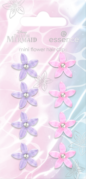 Essence Disney Mała Syrenka, opakowanie 8 mini spinek-kwiatków: 4 fioletowe i 4 różowe z cyrkoniami.