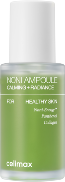 celimax Noni Ampoule, zielona butelka z białą nakrętką. Widok z przodu, napisy Calming + Radiance, Healthy Skin.