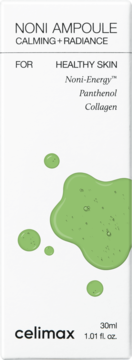 Opakowanie celimax Noni Ampoule Calming+Radiance, biały kartonik z zielonymi plamami Noni-Energy, widok z przodu.