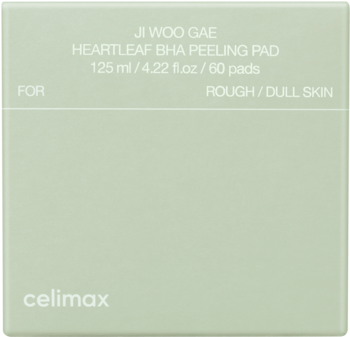 Celimax Ji Woo Gae Heartleaf BHA Peeling Pad w miętowym pudełku, 60 płatków do skóry szorstkiej, widok z przodu.