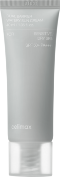 celimax Dual Barrier Watery Sun Cream SPF 50+ dla skóry wrażliwej/suchej, szara tubka 40 ml, widok z przodu.