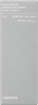 Celimax Dual Barrier Watery Sun Cream 40ml. Jasnoszare pudełko, widok z przodu, SPF 50+ PA++++, dla skóry wrażliwej/suchej.
