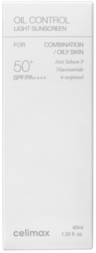 celimax OIL CONTROL LIGHT SUNSCREEN SPF 50+ PA++++, białe opakowanie, widok z przodu, dla cery mieszanej i tłustej.