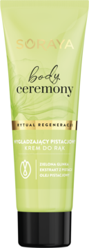 Soraya Body Ceremony, wygładzający pistacjowy krem do rąk w zielonej tubce. Widok z przodu, z czarną nakrętką.