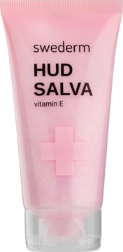 Różowa tubka Swederm HUD SALVA vitamin E, maści do skóry suchej, z różowym krzyżem, widok z przodu.