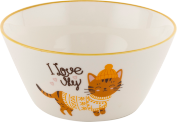 Kremowa miska ceramiczna z uroczym rysunkiem pomarańczowego kota w sweterku, napisem 'I Love My Sky', złota obwódka.
