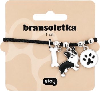 Eloy Bransoletka pies wzór2 na czarnym sznurku z zawieszkami psa corgi, kości i łapy, na beżowym kartoniku.