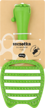 Eloy szczotka do włosów, zielona, z elastycznymi ząbkami i ergonomiczną rączką, na kartoniku, widok z przodu.