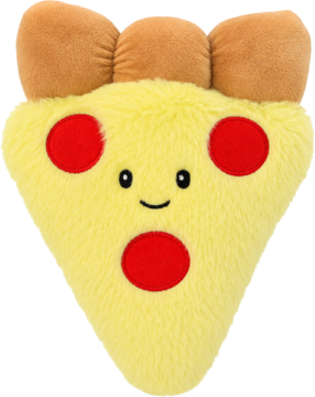 Eloy Pluszowa pizza zabawka: żółty trójkątny kawałek pizzy z czerwonymi krążkami, brązową skórką i uśmiechniętą buzią.