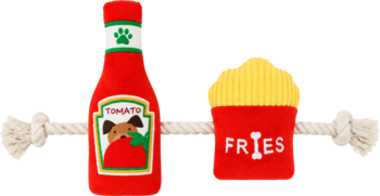 Eloy Pluszowa zabawka ze sznurem. Czerwony ketchup z zieloną zakrętką i frytki, połączone liną, widok z przodu.