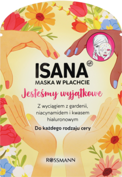 Isana Maska w płachcie, opakowanie z dłońmi tworzącymi serce, otoczone kwiatami. Z gardenią i niacynamidem.