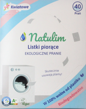 Natulim ekologiczne listki do prania 40 prań, biało-błękitne opakowanie z ikoną Vegan i pralką.