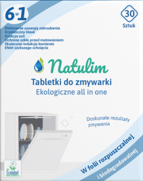 Natulim 6w1 ekologiczne tabletki do zmywarki All in One, 30 sztuk, w rozpuszczalnej folii. Białe opakowanie.