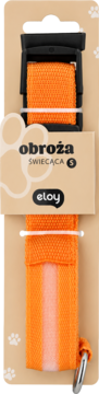 Pomarańczowa obroża dla psa Eloy S, świecąca, z czarną klamrą i metalowym kółkiem. Opakowanie z przodu.