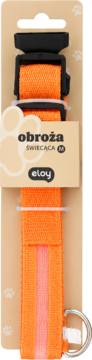 Pomarańczowa świecąca obroża dla psa Eloy w beżowym opakowaniu z nadrukiem łapek, widok z przodu.