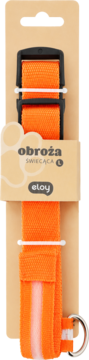Pomarańczowa, świecąca obroża dla psa rozmiar L, regulowana, na kartonowym opakowaniu, widok z przodu.