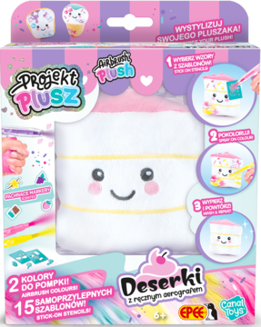 Projekt Plusz Deserki: zestaw do stylizacji pluszowego tortu, biały pluszak z buźką w kolorowym opakowaniu.