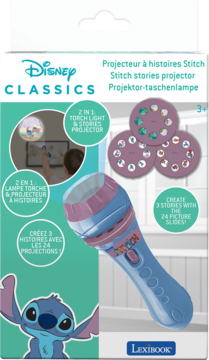 Disney Classics Stitch projector flashlight set on box, 2-in-1 torch, 24 story slides, blue and pink toy.