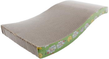 Eloy Drapak Tekturowy falisty 45x20.5 cm, brązowy, z zielonym bokiem i kolorowymi wzorami, widok z boku.