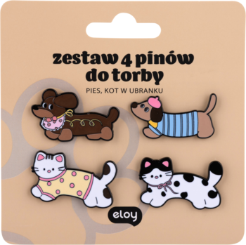 Zestaw 4 pinów Eloy do torby: dwa psy i dwa koty w kolorowych ubrankach, na beżowym kartoniku.