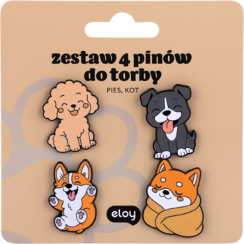 Zestaw 4 emaliowanych pinów do torby: urocze pieski (pudel, szczeniak, corgi) i shiba inu w kocyku, na beżowym tle.