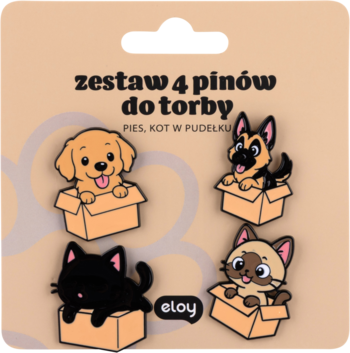 Zestaw 4 emaliowanych pinów: szczeniaki i koty w pudełkach, na beżowym opakowaniu, widok z przodu.