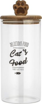 Szklany pojemnik na karmę dla kota z drewnianą pokrywką i rzeźbioną łapką, napis Cat's Food, widok z przodu.