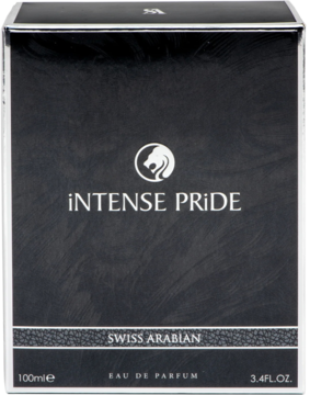 Czarne pudełko wody perfumowanej Swiss Arabian Intense Pride z błyszczącym lwem i napisami, widok z przodu.