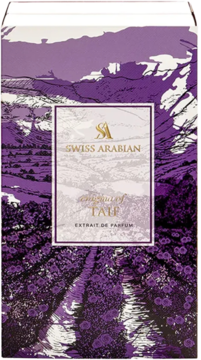 Swiss Arabian Enigma of Taif Extrait de Parfum, purpurowe pudełko z grafiką krajobrazu, widok z przodu.