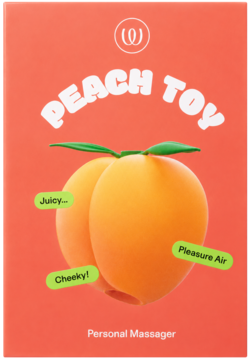 Pudełko Peach Toy personal massager, koralowe, z realistyczną brzoskwinią i białymi napisami 'Juicy', 'Cheeky!'.