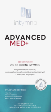 Białe opakowanie żelu Intymna Advanced Med+ do higieny intymnej, nawilża, wzmacnia mikrobiom, widok z przodu.