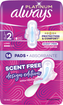 Always Platinum podpaski, długie, bezzapachowe, 14 sztuk, różowo-fioletowe opakowanie z grafiką padu.